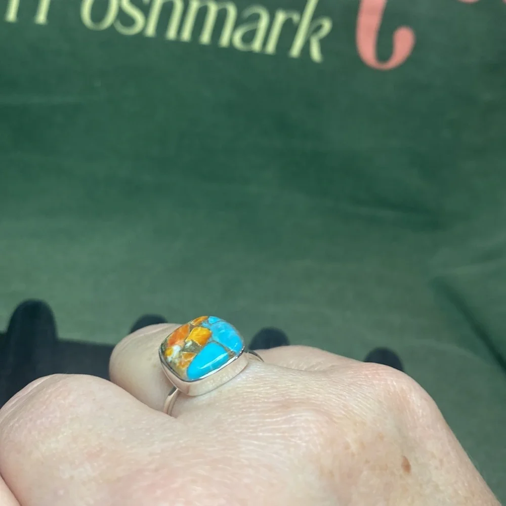 Solid Sterling Silver Spiny Turquoise Ring - Picture 4 of 4